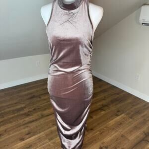 NWT Forever 21 Y2K Brown Crushed Velvet Maxi Rouched Dress SZ L